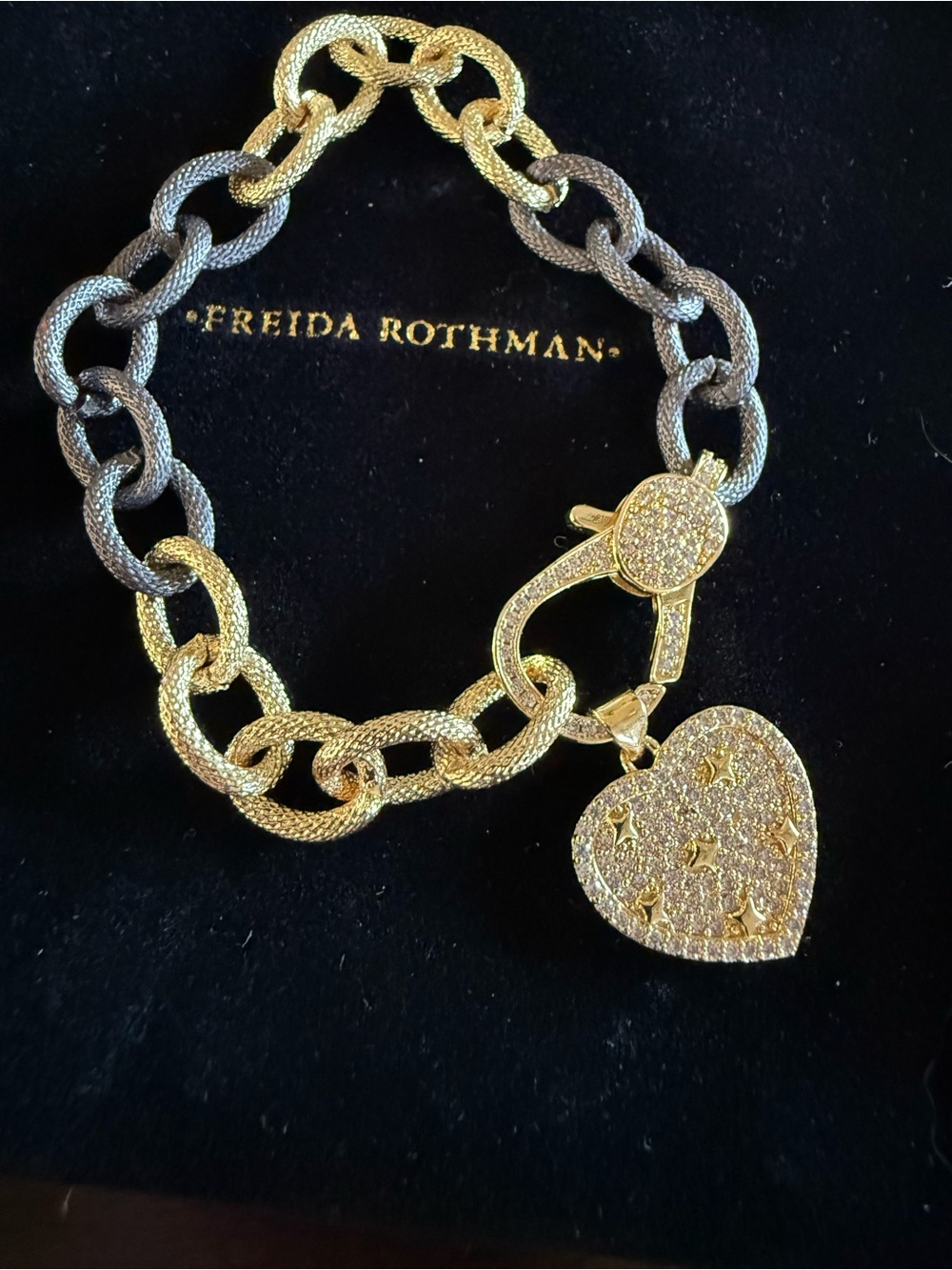 Freida Rothman Gold & Black Heart Charm Link Bracelet